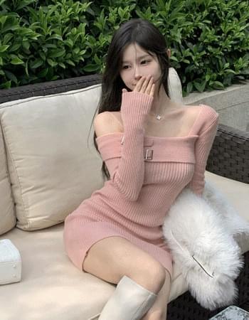 Door Off Shoulder Buckle Knitwear Dress (Ships Today)