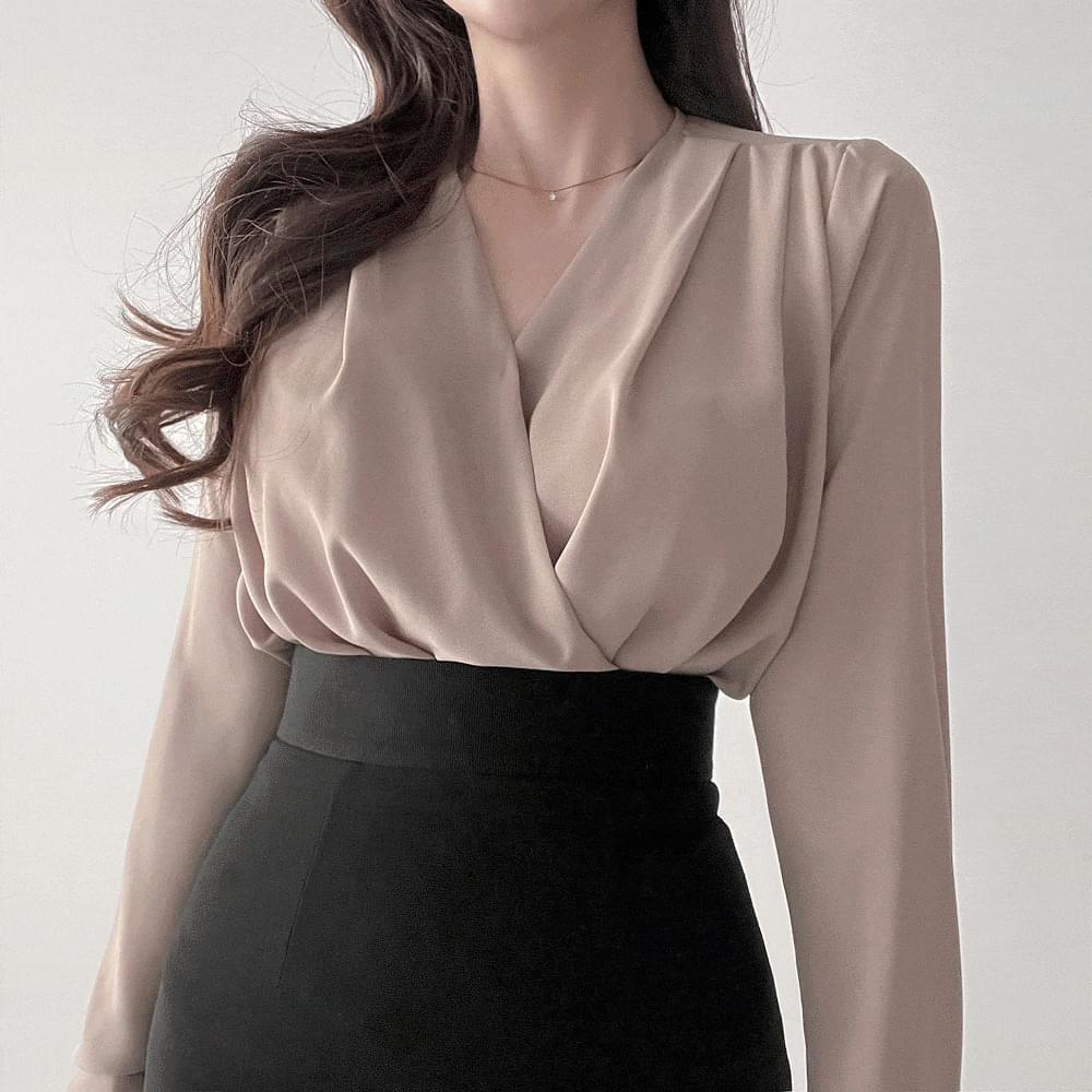 Slim fit pintuck shirring wrap chiffon blouse 4color (Ships Today)