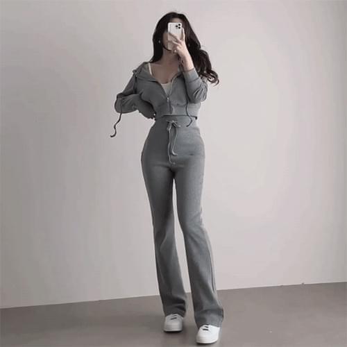 Straight Spandex slim cropped zip-up sweatpants set 2color (Ships Today)