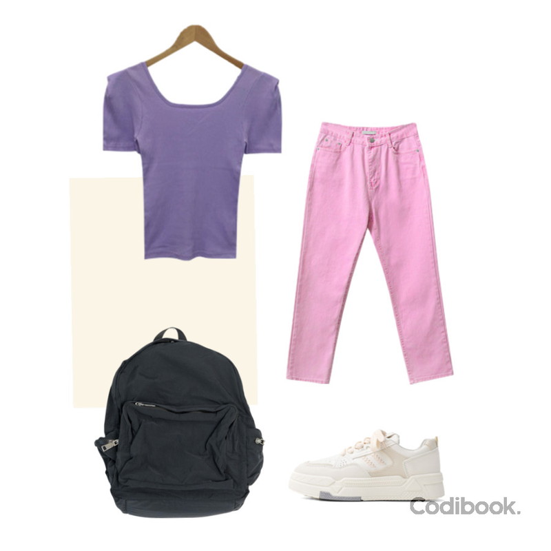 ITSHU 패턴&컬러 콤비 스티치 통굽 스니커즈(3.6cm) 11373,ENVYLOOK 포카리컬러팬츠,Dang2girl 파스텔 베이직 바스락 백팩등을 매치한 코디