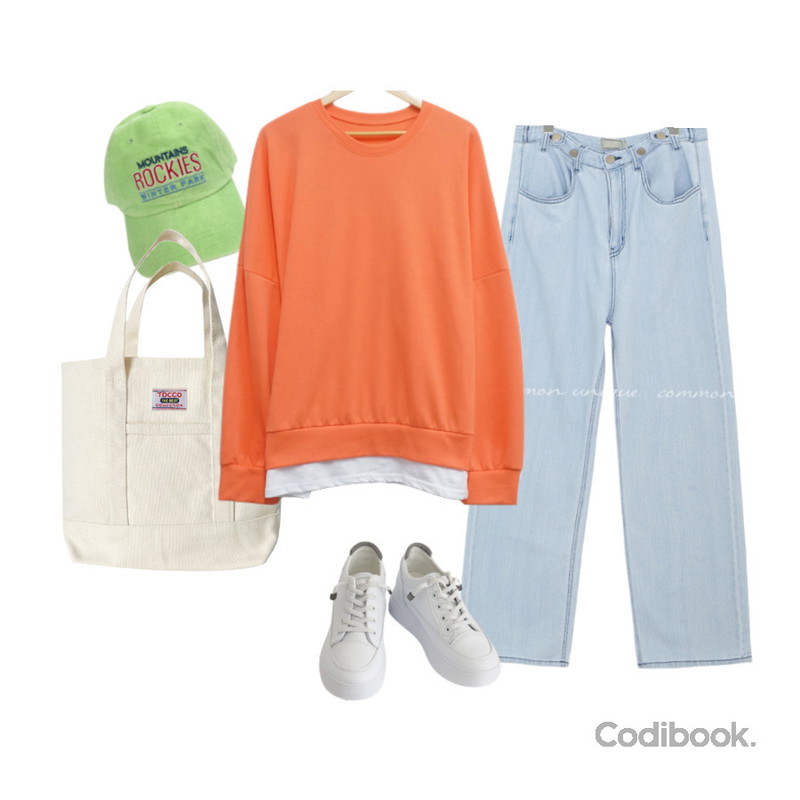 BULLANG GIRL 무지 오버핏 레이어드 맨투맨,DAILYJOU 마운틴 레터링 볼캡 - 5 color,LOVELY SHOES 한걸음더 키높이 스니커즈 6cm등을 매치한 코디
