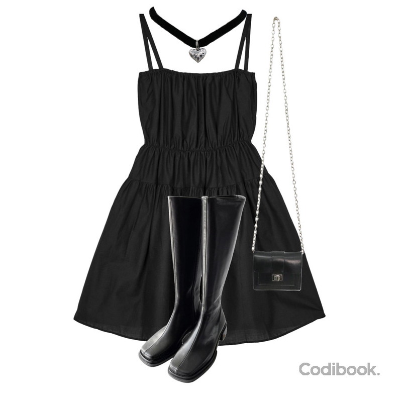 kim9hope shape long zipper boots,porterna 블론 케이 쇼트 드레스,LILYTI 레이카드 크로스백 (카드지갑 아코디언 체인 스트랩 미니백 스퀘어 쉐입 아이보리/블랙)등을 매치한 코디