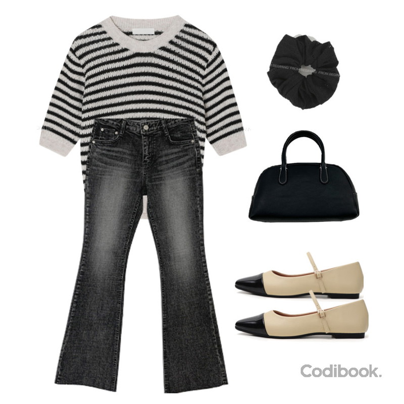 heyrozy mute - 스티치토트bag,MAGLE 빈티지 비기닝 부츠컷 데님 - 3 size,From Beginning 미야 레이스헤어스크런치(2color)등을 매치한 코디