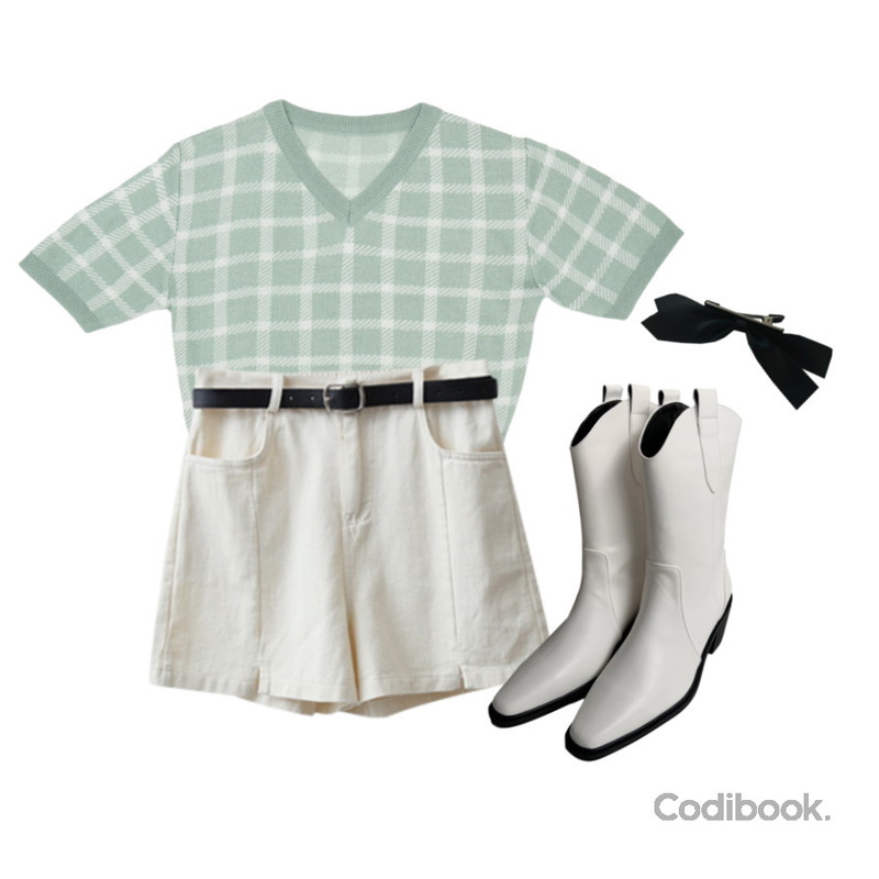 frenchaube 소피 리본 헤어 집게 머리핀,kim9hope minimal 58 western,ENVYLOOK 미니앞트임벨트쇼츠등을 매치한 코디