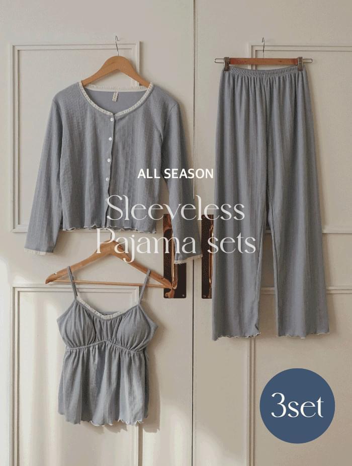 3-piece set of Spandex ruffle pajamas sleeveless gown sleep pajamas 3color (Ships Today)