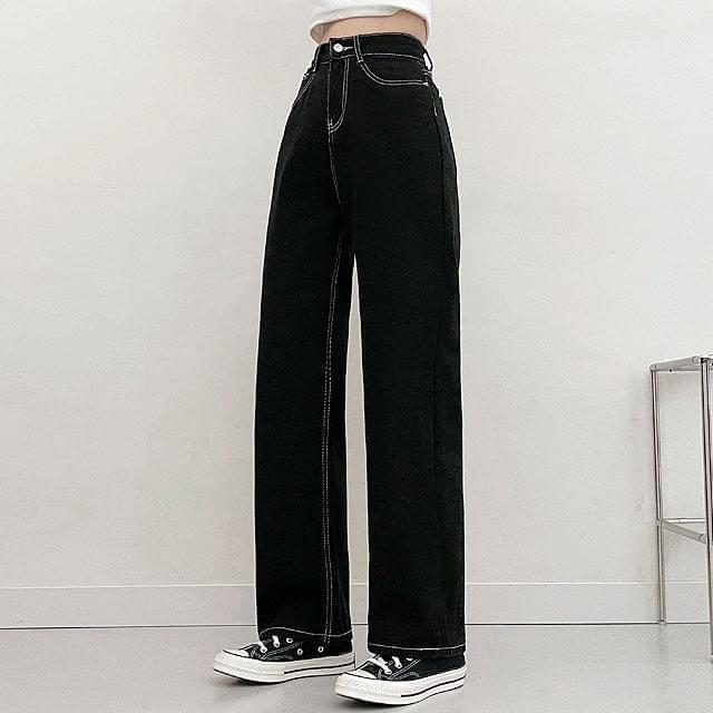 Stitch Point Black Wide Denim Pants (Ships Today)