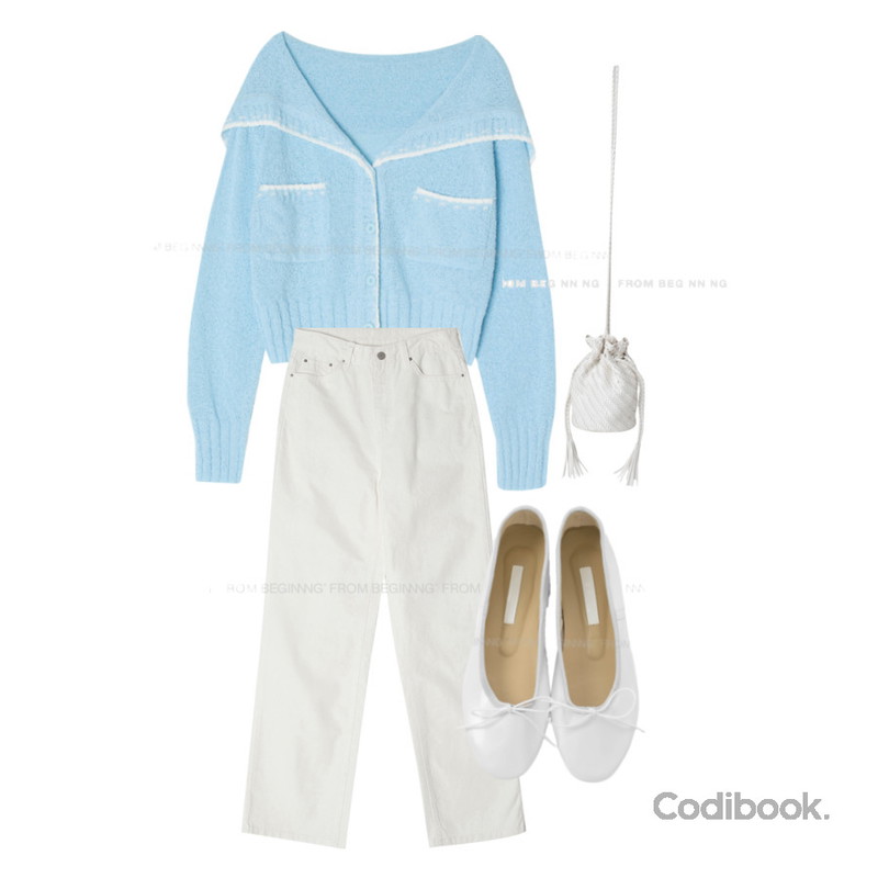 From Beginning 프린지 위빙버킷백 (4color),From Beginning 글로시 리본플랫슈즈 (5color),From Beginning 세일러 배색스티치부클가디건 (3color)등을 매치한 코디