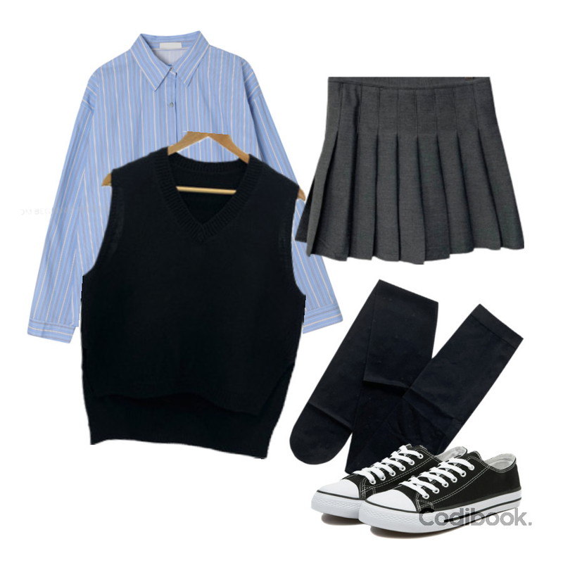 VANHECER 베이직 캔버스 스니커즈 S#JI060,WONLOG 하트(stockings),Dday Girl 바라, 브이넥 옆트임 루즈핏 니트 베스트 조끼등을 매치한 코디