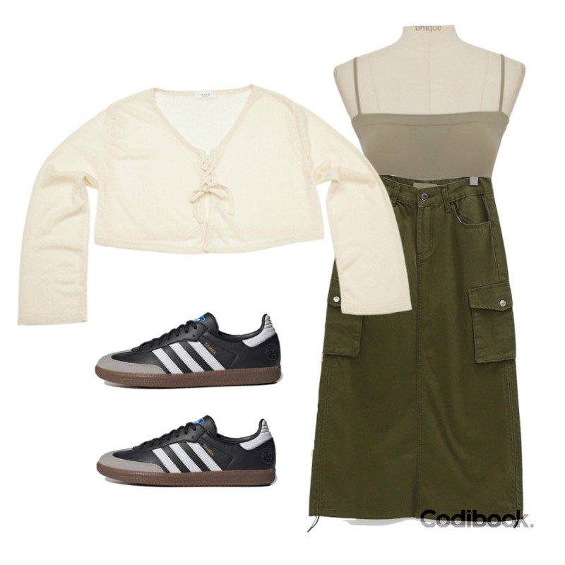 DAILYJOU 더슨 카고 스트링 롱 스커트 - 4 color,Fresco 스트링 크롭 가디건,common unique 온리 스퀘어 캡 슬리브리스등을 매치한 코디