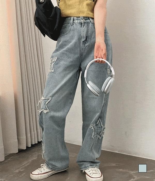 ファイブスターステッチ サイドダメージライトブルーワイドフィット ロングデニムパンツ