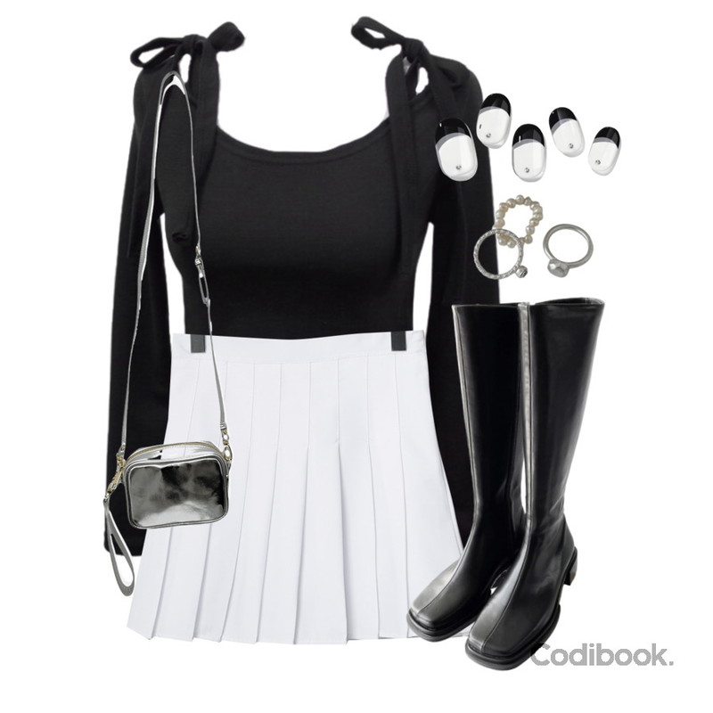 VANHECER 플리츠 미니 스커트 테니스치마 P#YW019,closeclip 지브스 스퀘어 미니크로스백 C1002,simplymood 프랴 레이어드 반지 3세트등을 매치한 코디