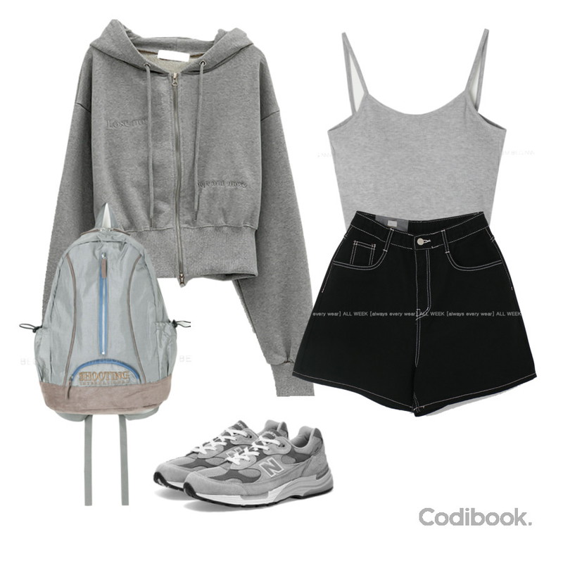 beautiful174 더블유*스티치코튼숏팬츠,DAILYJOU 라포 투웨이 크롭 후드 집업 - 3 color,From Beginning 슈팅 자수배색백팩 (2color)등을 매치한 코디