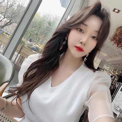 Thin V-Neck Pin Tuck See-through Sleeve Short Sleeve Dress 3color (Ships Today)
