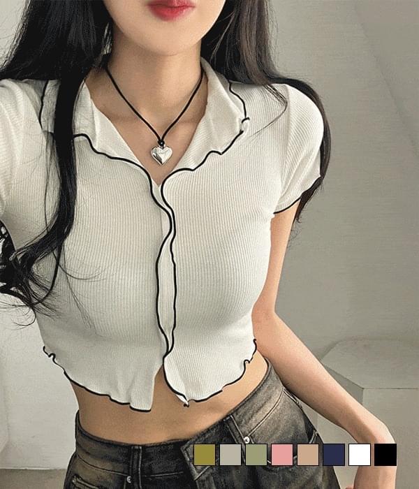 Aqua hip wave color scheme wave stitch slit collar cropped short sleeve T-shirt