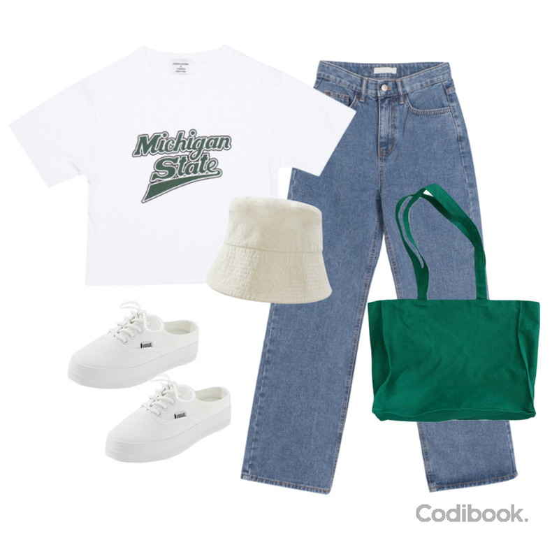 CHAAKAN 네스티 뮬 스니커즈 SNFBR3c097,frenchaube 쉐이크 비비드 코튼 숄더 에코백 가방(4color),WONLOG 밀키 버킷(hat)등을 매치한 코디