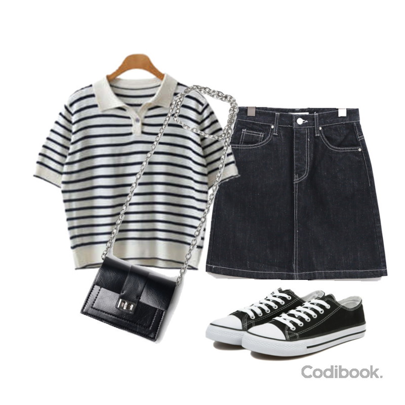 VANHECER 베이직 캔버스 스니커즈 S#JI060,ENVYLOOK 엘리단가라카라니트,DAILYJOU 메리즈 생지 데님 미니 스커트등을 매치한 코디
