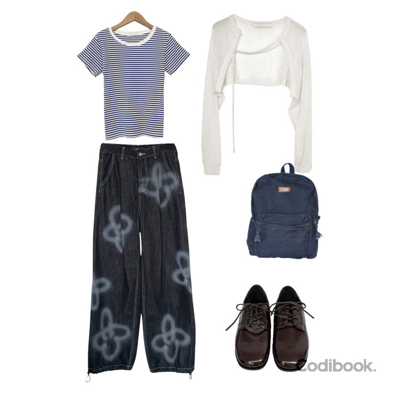 porterna 디어 데님 백팩,heyrozy ozzy - 클래식옥스퍼드shoes,MAGLE :) 데일리 골지 스트라이프 반팔티 - 3 color등을 매치한 코디
