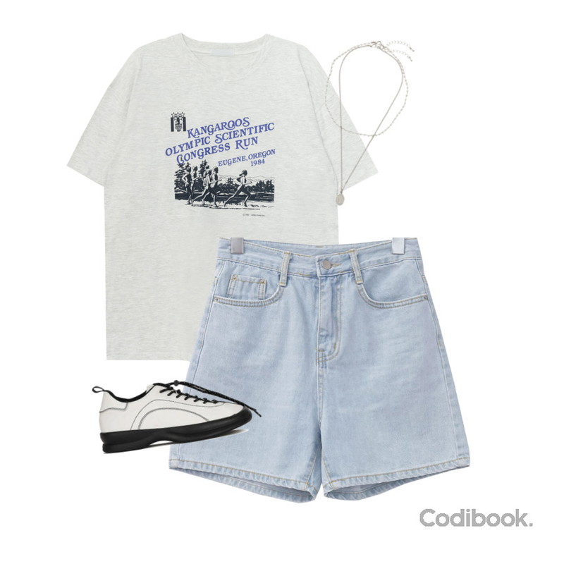 porterna 리엔 레이스업 스니커즈,Dang2girl 빅사이즈 55-99 마라톤 프린팅 오버핏 반팔 티셔츠,frenchaube 밀레 여름 데님 연청 진청 코튼 반바지 팬츠(2color)등을 매치한 코디