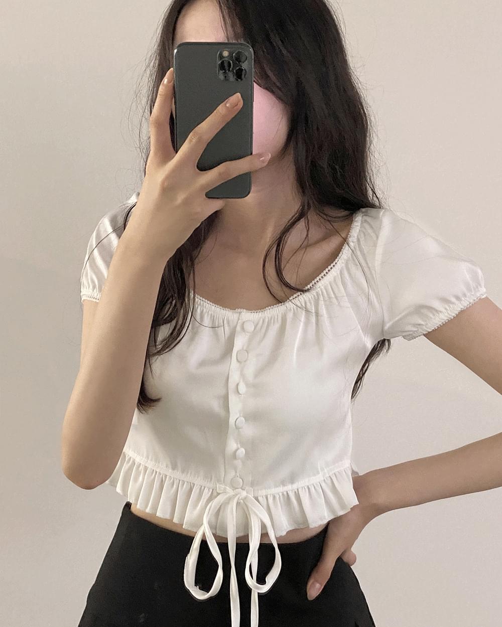 Hee Square Neck Puff Button Cropped Short Sleeve Blouse