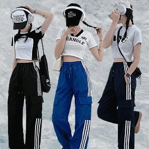 Three-line cargo line nylon wide pants