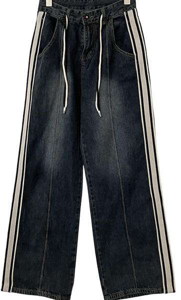 Com2 Y2K, color matching line banding string wide denim pants