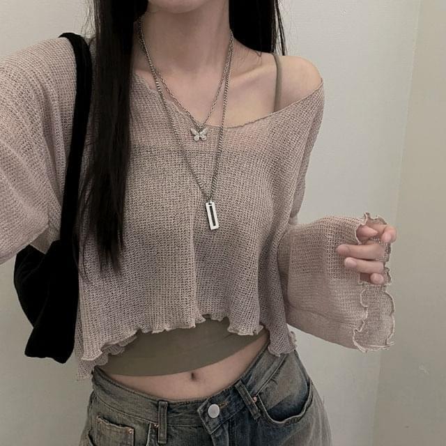 Wave See-through Knitwear Crop Long Sleeve Tee (Ships Today)