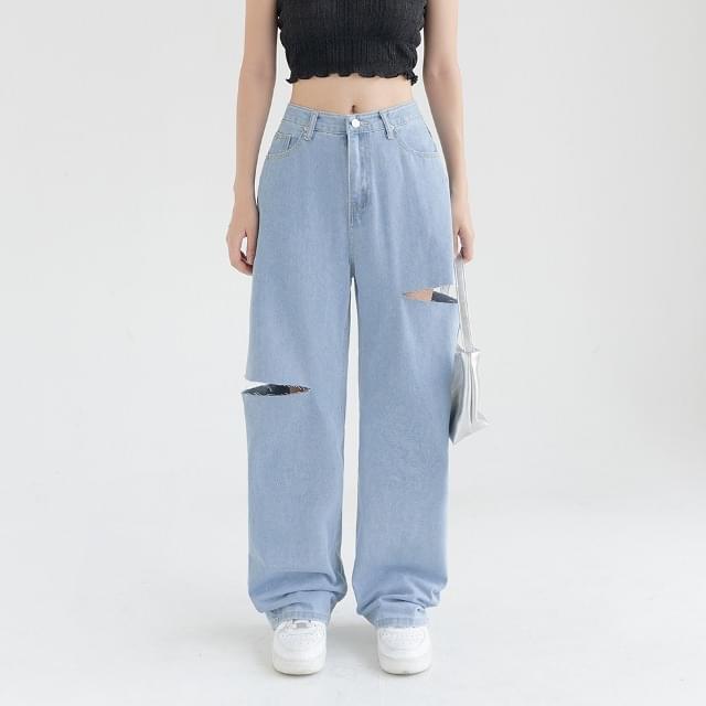 Big Size S-2XL Cave Cutting Slit Wide Denim Pants Jeans