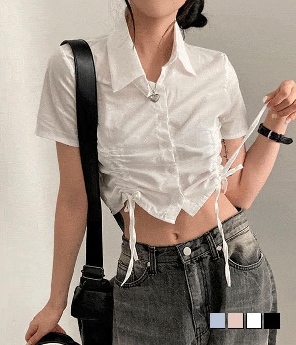 Daily and unique, dept front shirring string collar cropped Shirt shirt