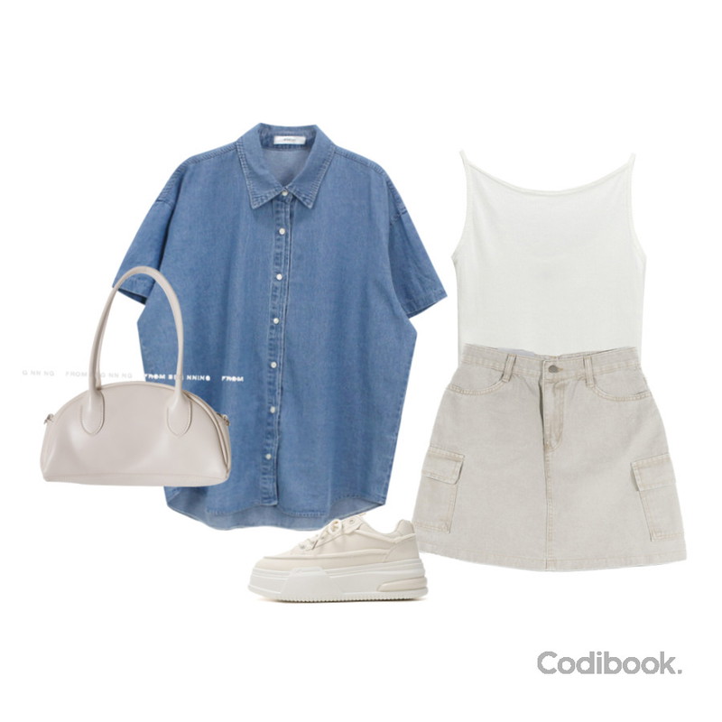 From Beginning 그랑 하프문레더숄더백 (3color),ITSHU 베이직 컬러 세미 고프코어룩 통굽 스니커즈(5.2cm) 11556,WONLOG 일리 반팔 데님(nb)등을 매치한 코디