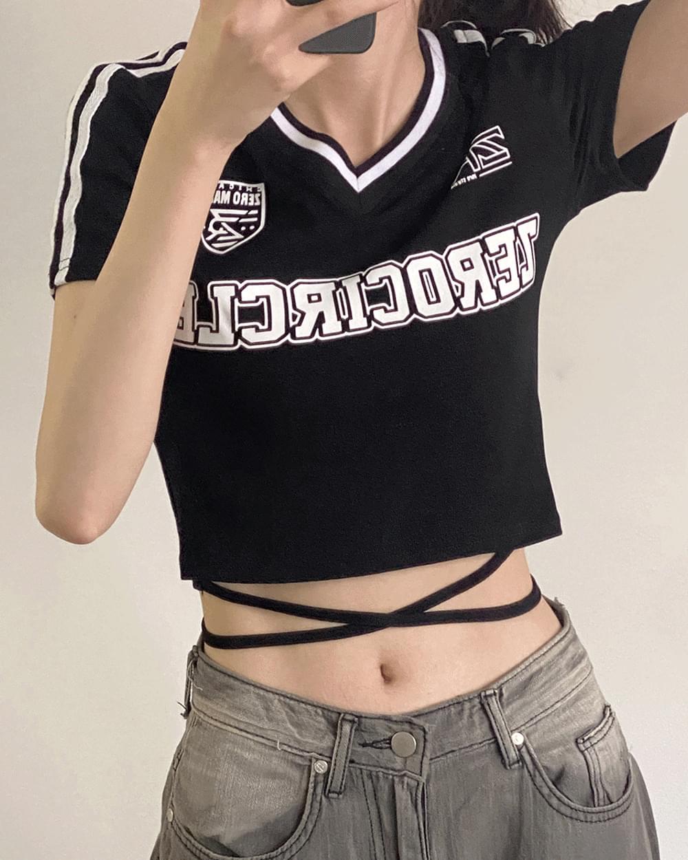 Loser Line V-Neck neck Strap Knotted Lettering Cropped Short Sleeve T-shirt