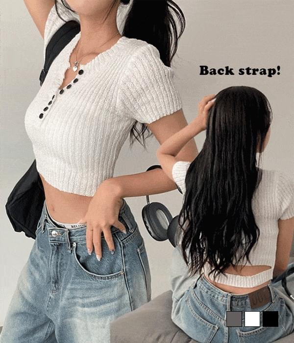 Days when you want to give points, Dyna Ribbed button back split cropped short-sleeved knitwear 
