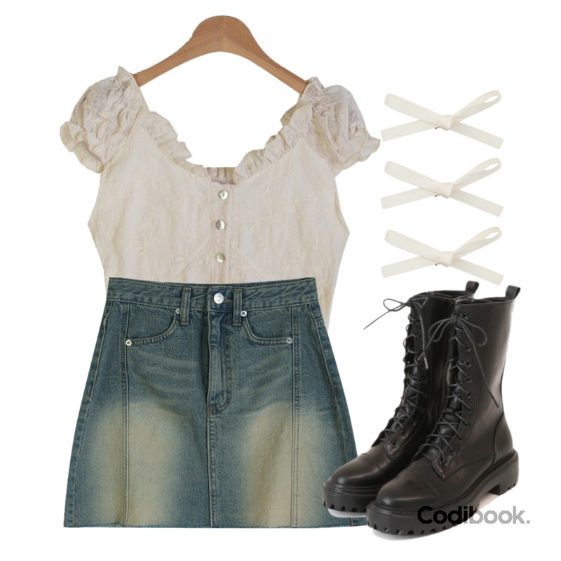 common unique 에바 레이스-업 하이 워커,porterna 이브 리본 헤어 핀,dangosister 절개더티데님SK(2c)등을 매치한 코디