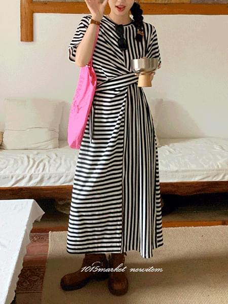 Moldy Stripe Unbalanced Wrap Dress