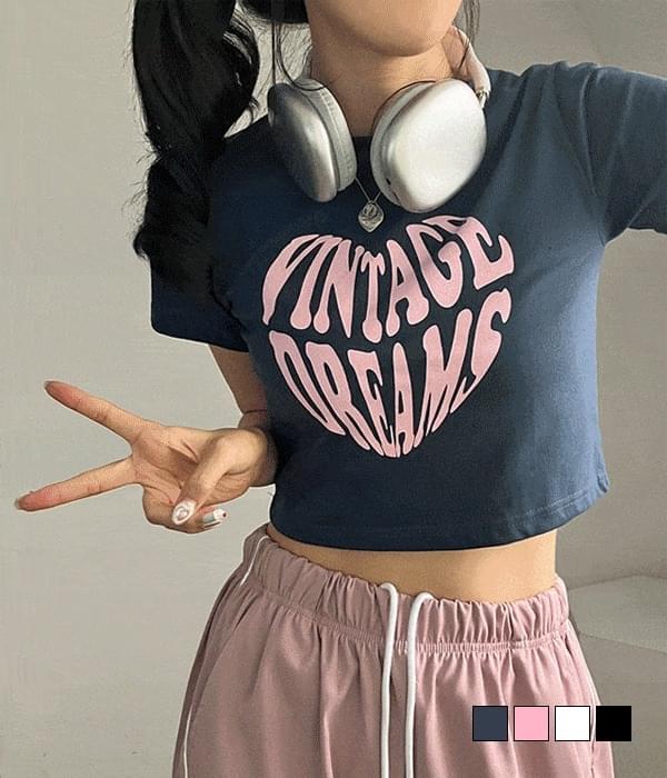 ローイングヴィンテージラブレター配色レタリングクロップ半袖Tシャツ