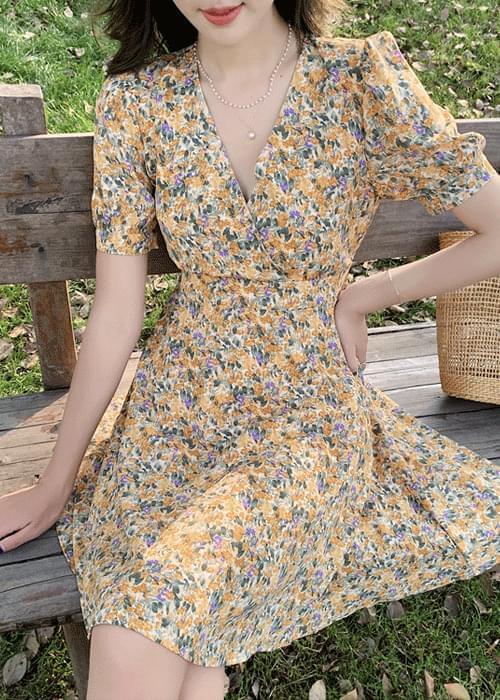 Yeori Yeori Flower Chiffon Wrap Mini Dress (Ships Today)
