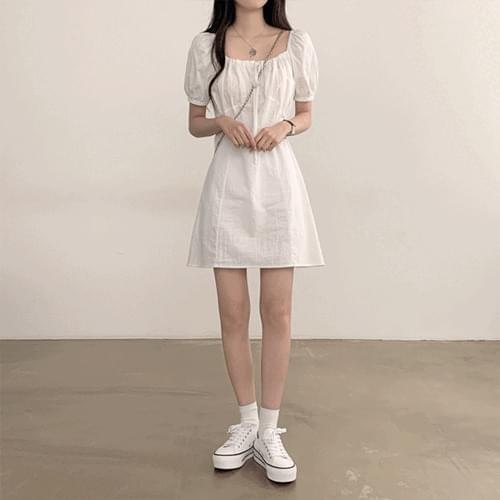 Innocent, linen square neck puff off-shoulder short-sleeved mini Dress (Ships Today)