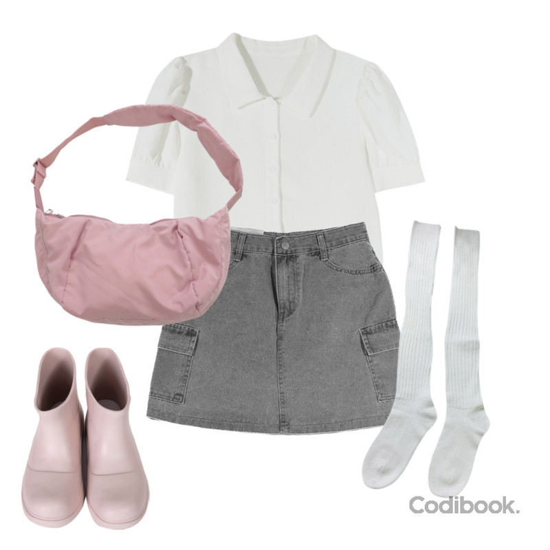 binary01 플랫폼 포미 레인부츠,wonderwonder 플리어 반달 하프 투웨이 빅 숄더 크로스백,byclothes 미아 캐시미어 니삭스등을 매치한 코디