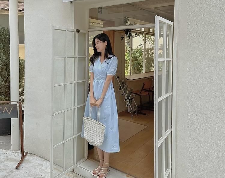 Prunin Cotton Flower Wrap Style Back Ribbon Long Dress