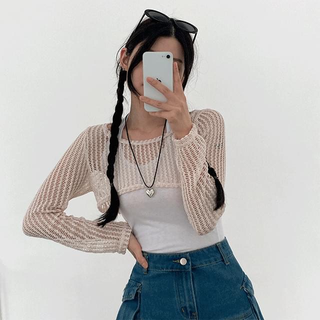 Holga Bolero Net Long Sleeve Crop Knitwear + Halter Sleeveless Set