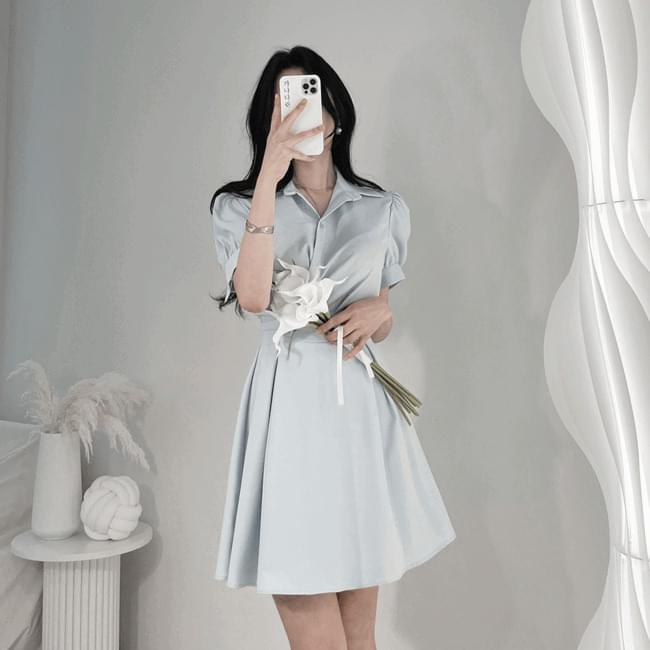 Japanese Short Sleeve Pintuck Puff Collar Guest Look Dress 3color