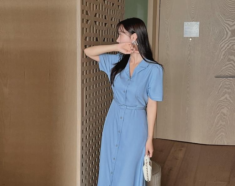 Dev You Denim Stitch Belt Shirt Long Dress