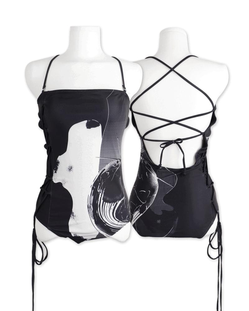 Pushkin Hip Print Strap One Dress Monokini Swimwear Swimsuit