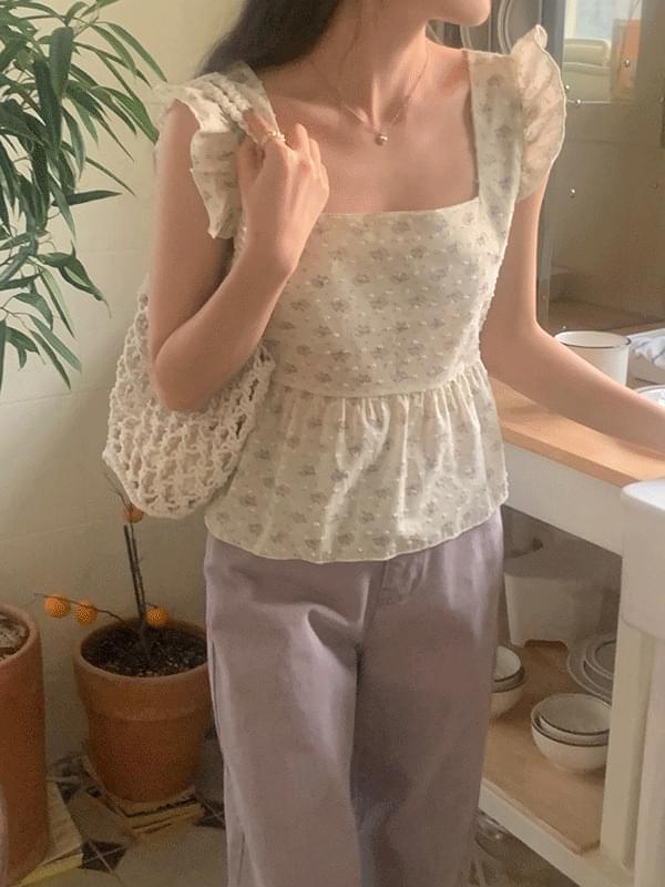 Rosley Square Neck Flower Summer Ruffle Ribbon Sleeveless Blouse (Ships Today)