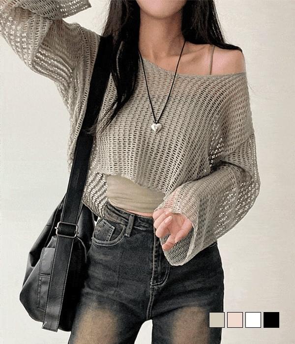Bound Hip Summer Off-Shoulder See-Through Net Net Crop Knitwear