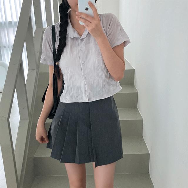 1+1 ] Calf basic fit cropped wrinkle short sleeve shirt [y2k/summer new arrivals/shirt collar/shirt short sleeve/