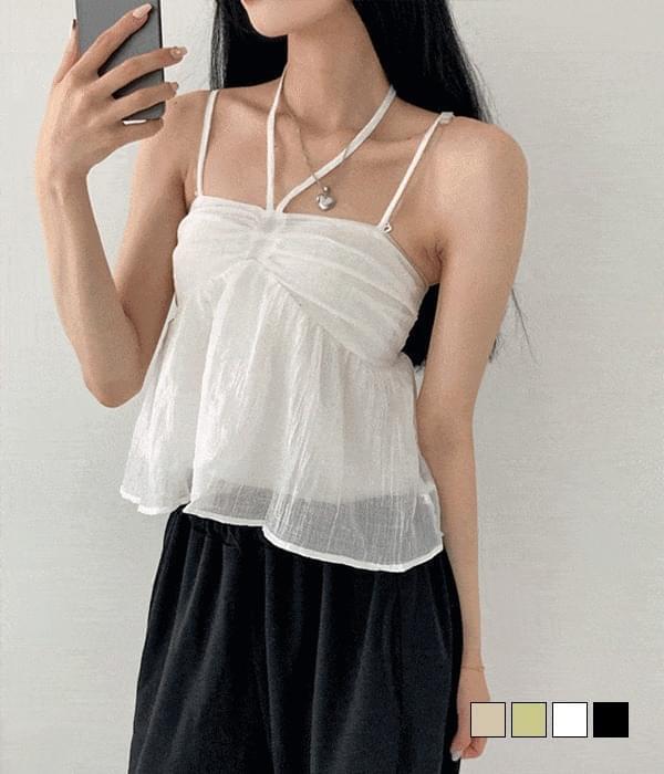 Halter Available, New Delhi Shirring Ribbon Shalala Chiffon Crop Pleated Sleeveless (Ships Today)