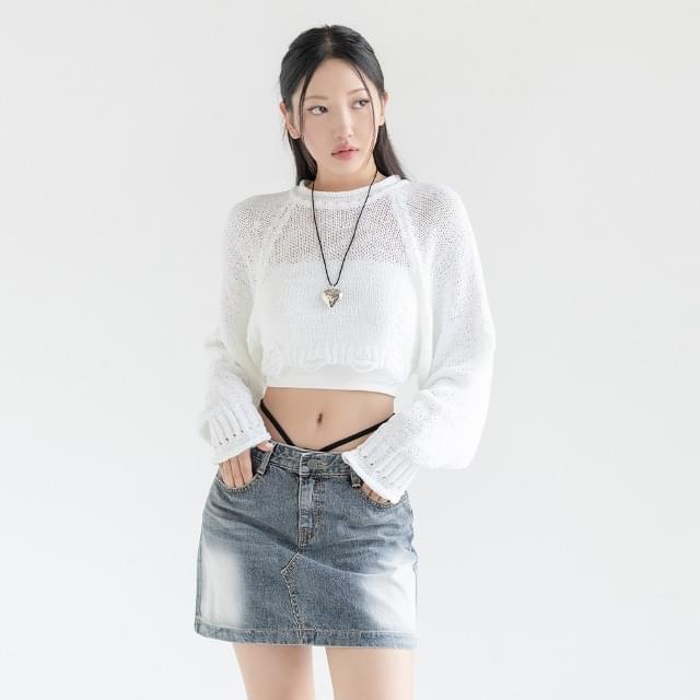 Big Size 55-88 Damage Net Crop Summer Long Sleeve Knitwear