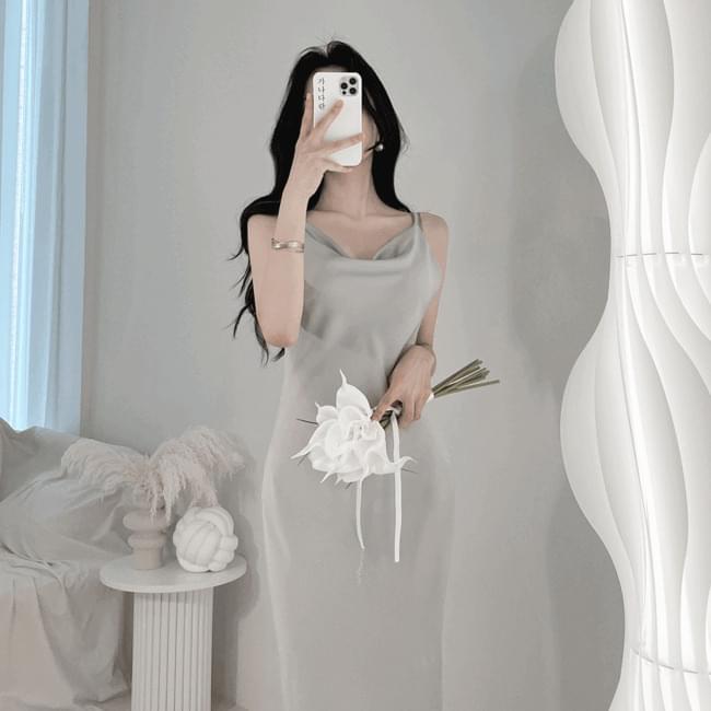 Japanese Sleeveless Drape String Sleeveless Satin Slip Long Dress 3color