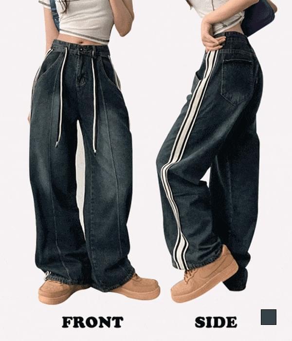 Com2 Y2K, color matching line banding string wide denim pants (Ships Today)