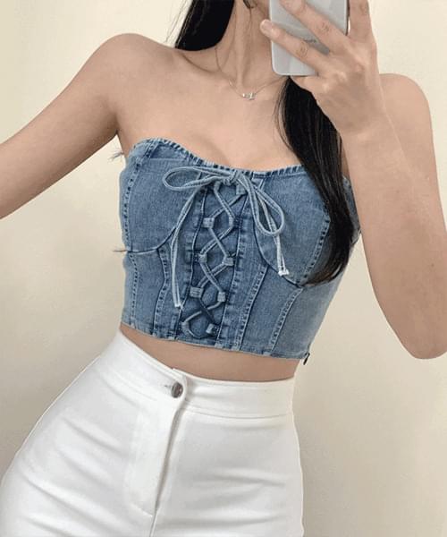 Owl Denim Off Shoulder Ribbon Strap Banding Top